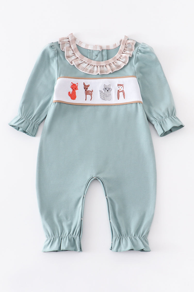 Green animal embroidery girl romper